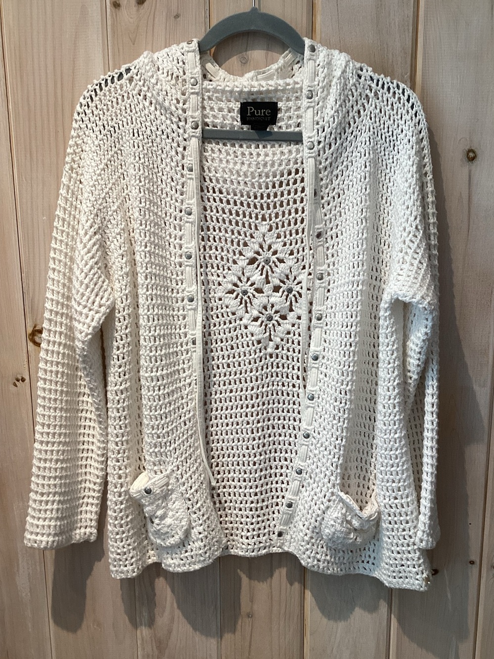 Pure Handknit White Open knit Crochet Cardigan with Floral Detail